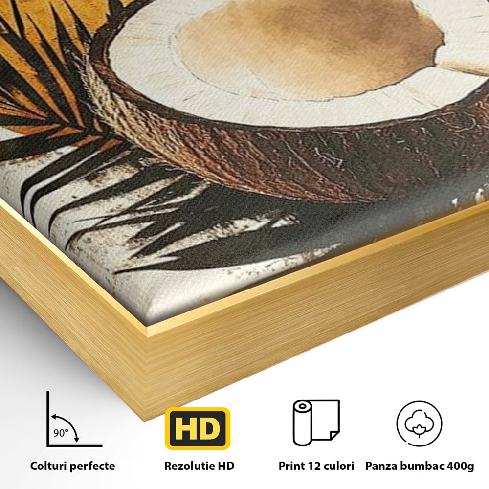 Detaliu al suprafetei: tablou canvas cu nuca de cocos si soare portocaliu, in rama de aluminiu auriu